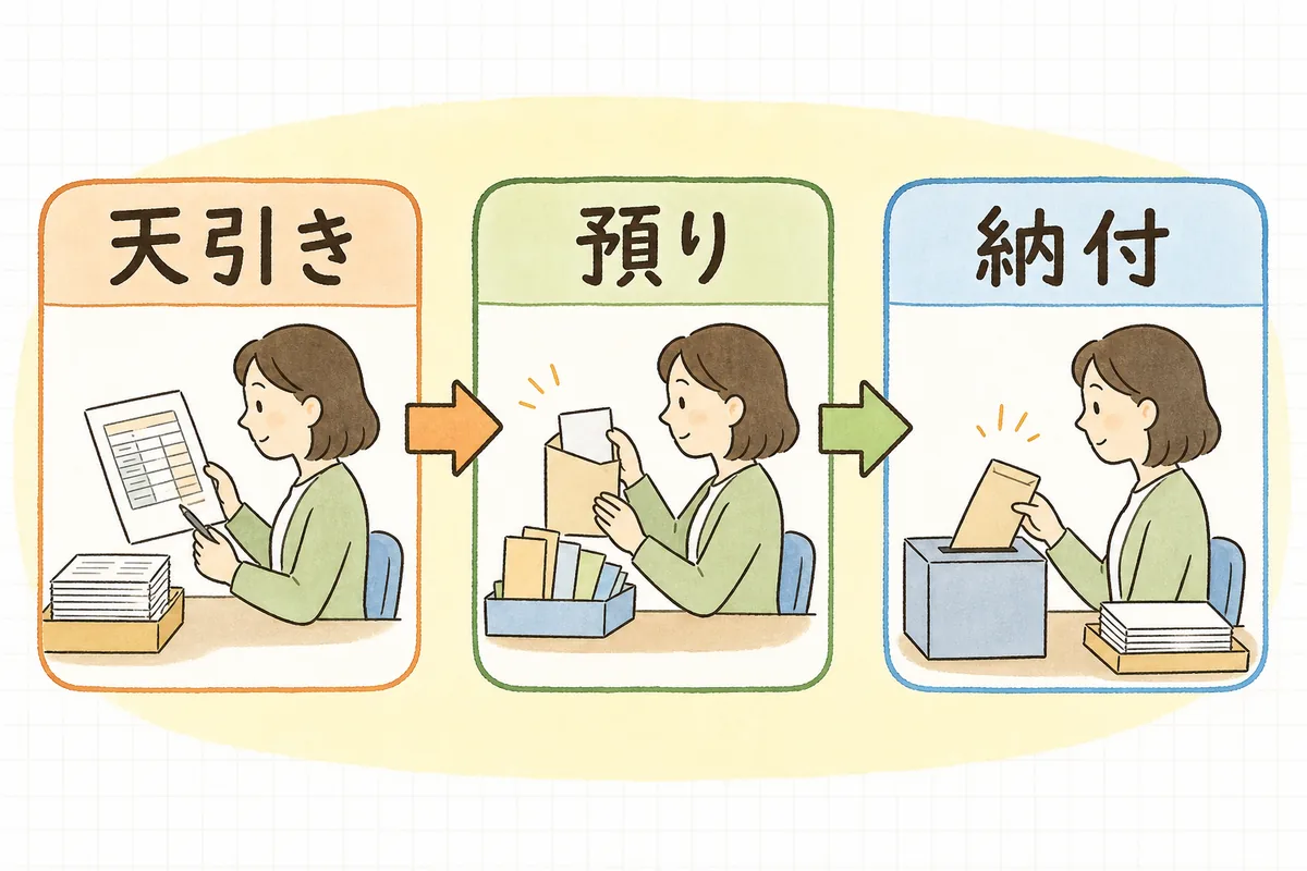 給与天引きで預り金が増え納付で預り金が消えるまでの一連の流れを左から右に示した図
