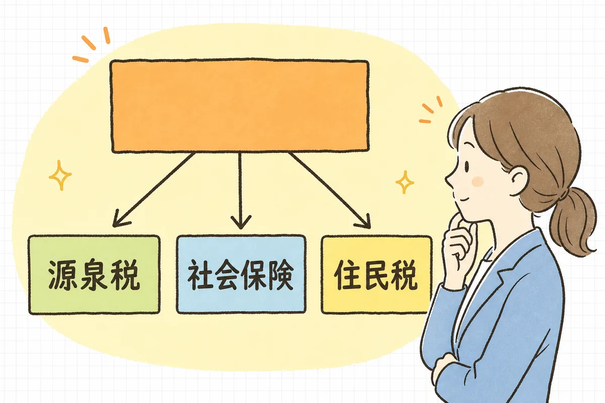 一つの預り金の箱を源泉所得税・社会保険料・住民税の三つに分けて内訳を見える化する図