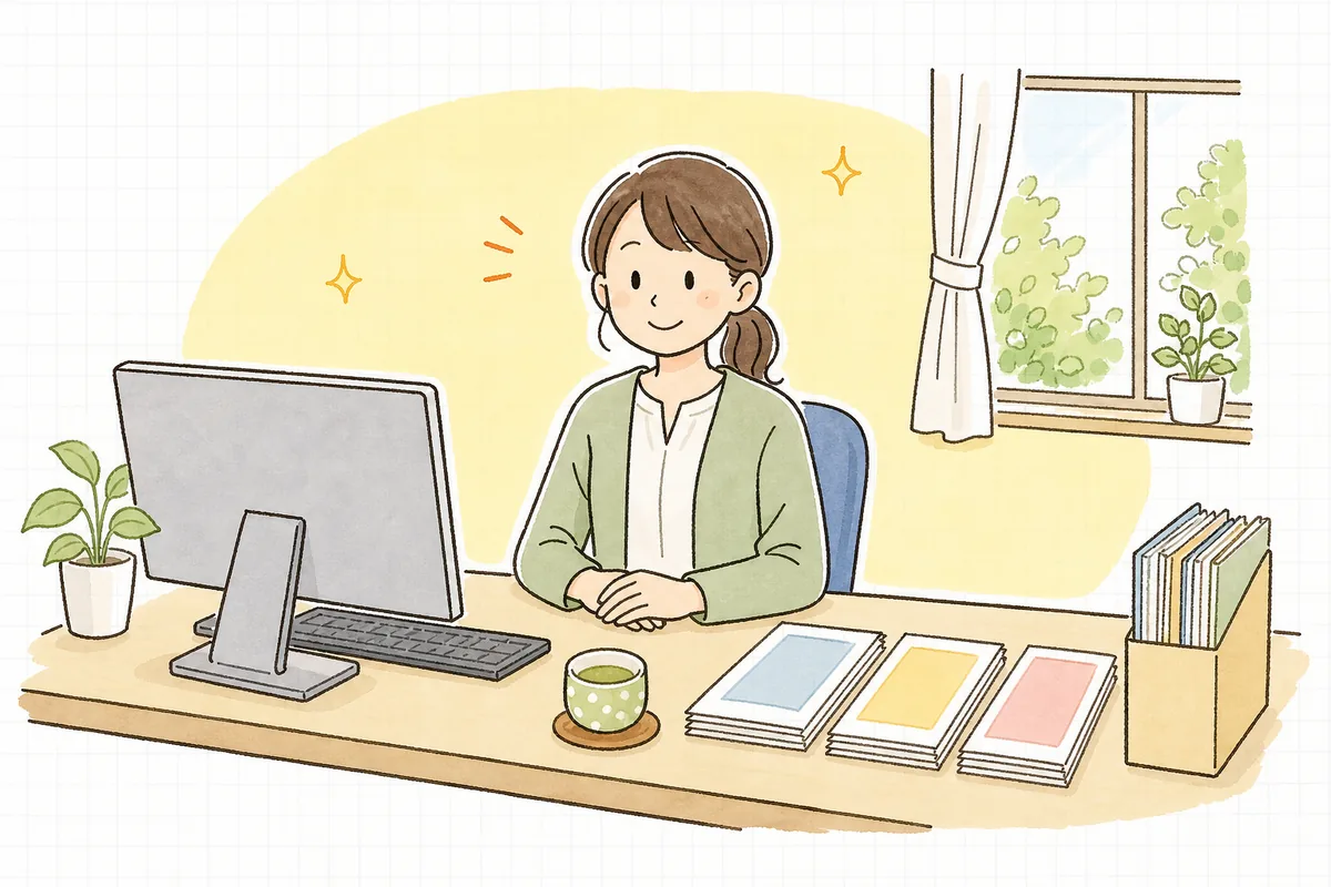 預り金の残高をすべて確認し終え、納付も済んで帳簿がきれいに片づいて落ち着いた表情のひとり経理の担当者