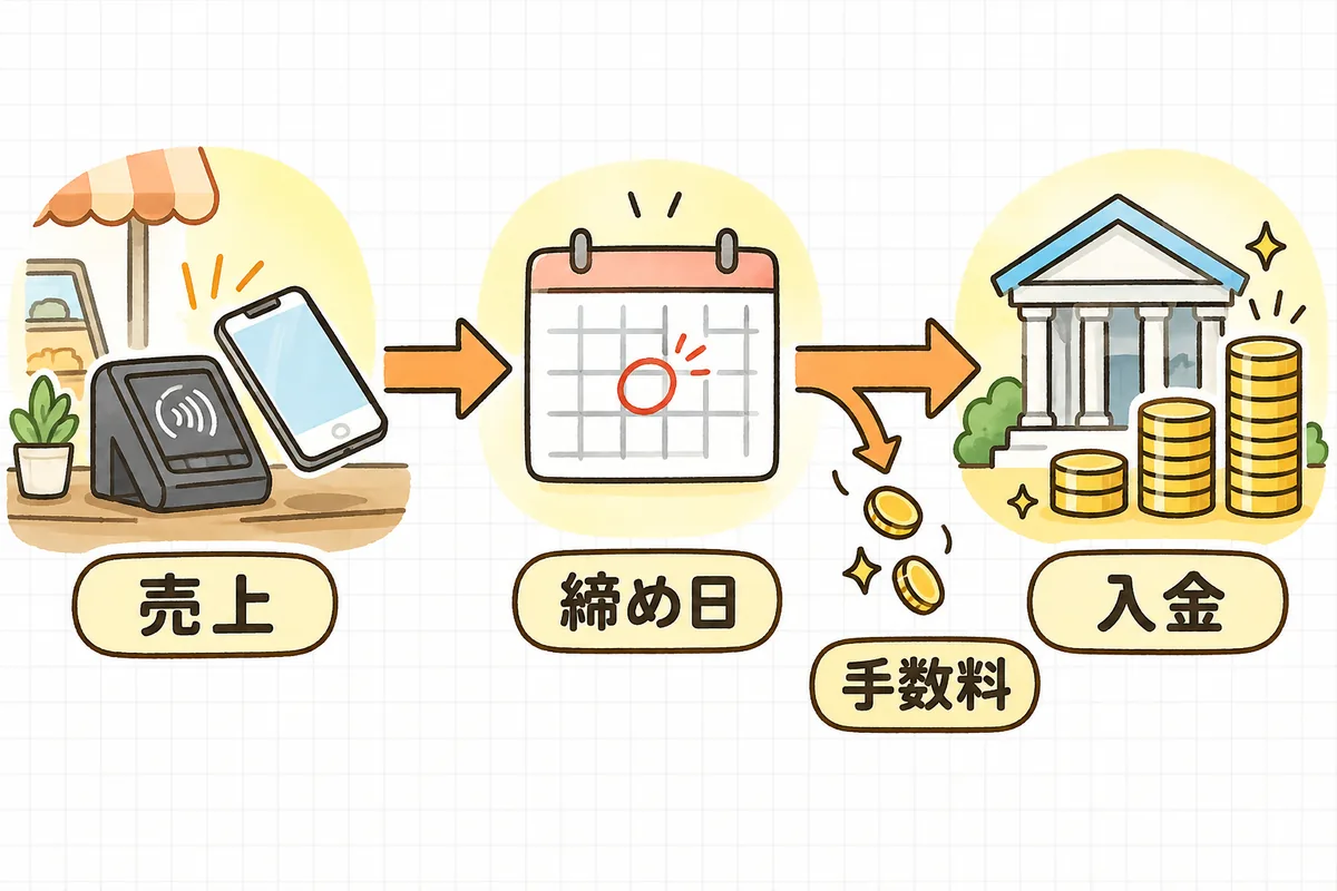 決済端末での売上、カレンダーの締め日、銀行口座への入金の3段階を左から右へ矢印でつなぎ、途中で手数料の小さなコインが分かれていく流れ図