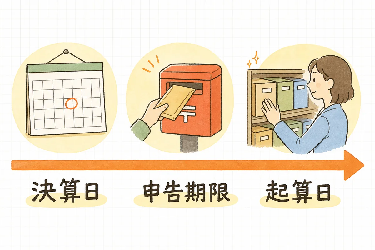 保存期間を数え始める日が決算日ではなく確定申告書の提出期限の翌日であることを、左から右へ並べた3つの場面で示した図