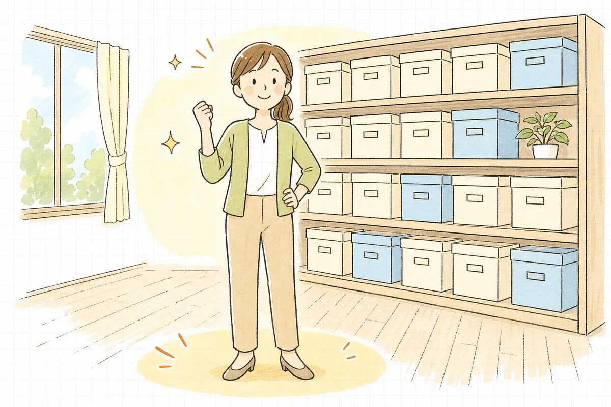 年度ごとに整理し直した書類箱が棚にきちんと並び、書庫の床が片づいて肩の力が抜けたひとり経理の担当者