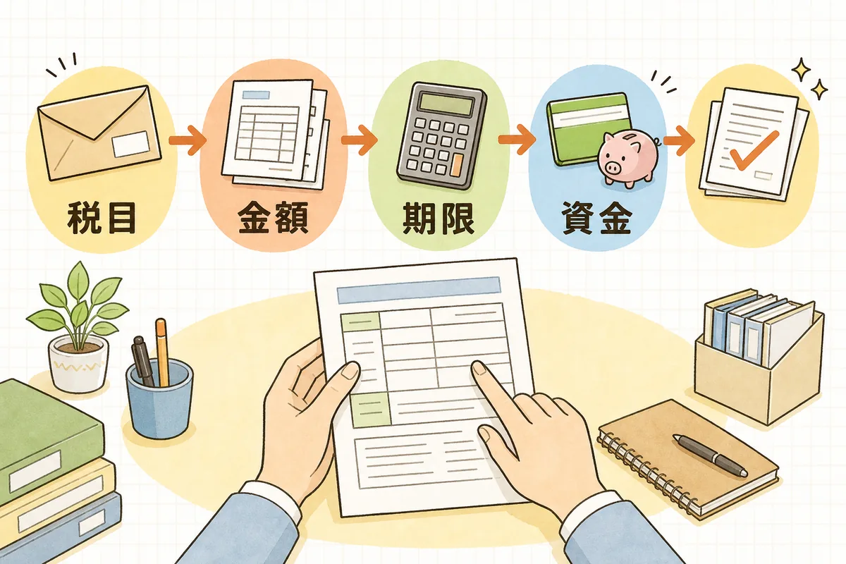 中間申告・予定納税の通知が届いたときに確認する順番（税目・金額・期限・資金・精算）を表した手順の図