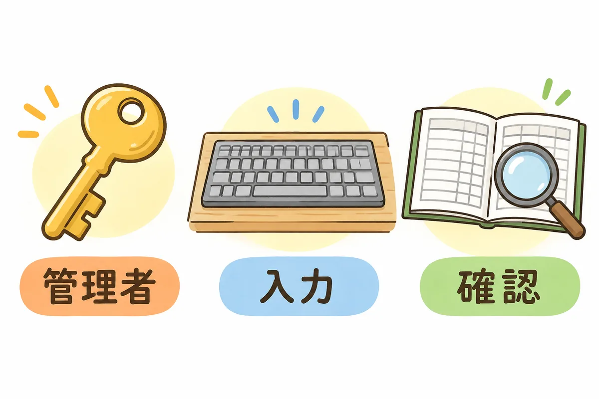 左から、金色の鍵、パソコンのキーボード、帳簿の上に置かれた虫めがねの3つの絵が横一列に並び、それぞれの下に「管理者」「入力」「確認」のラベルがある図