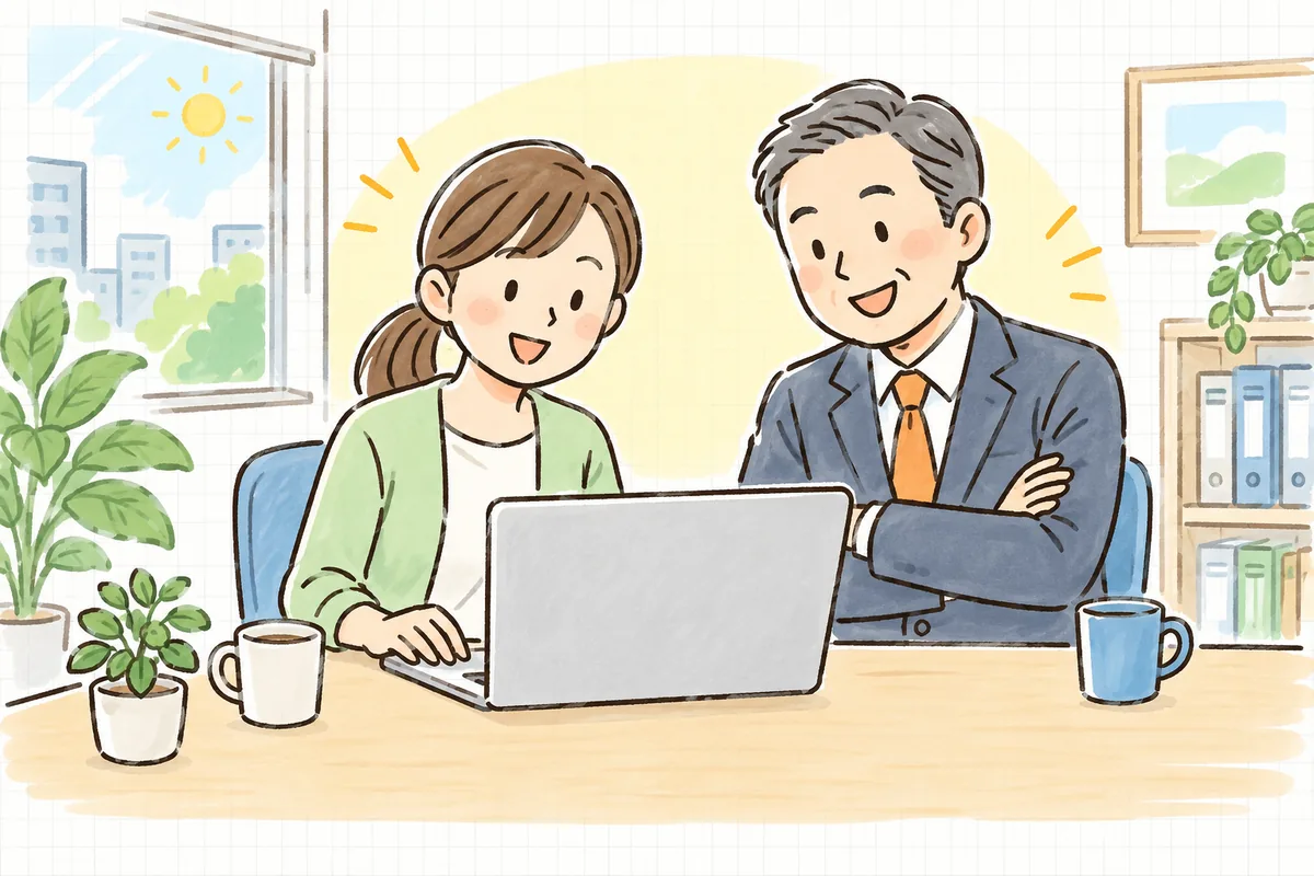 明るい事務所で、経理担当者と社長が並んでノートパソコンの画面をのぞき込み、穏やかに笑いながら確認している