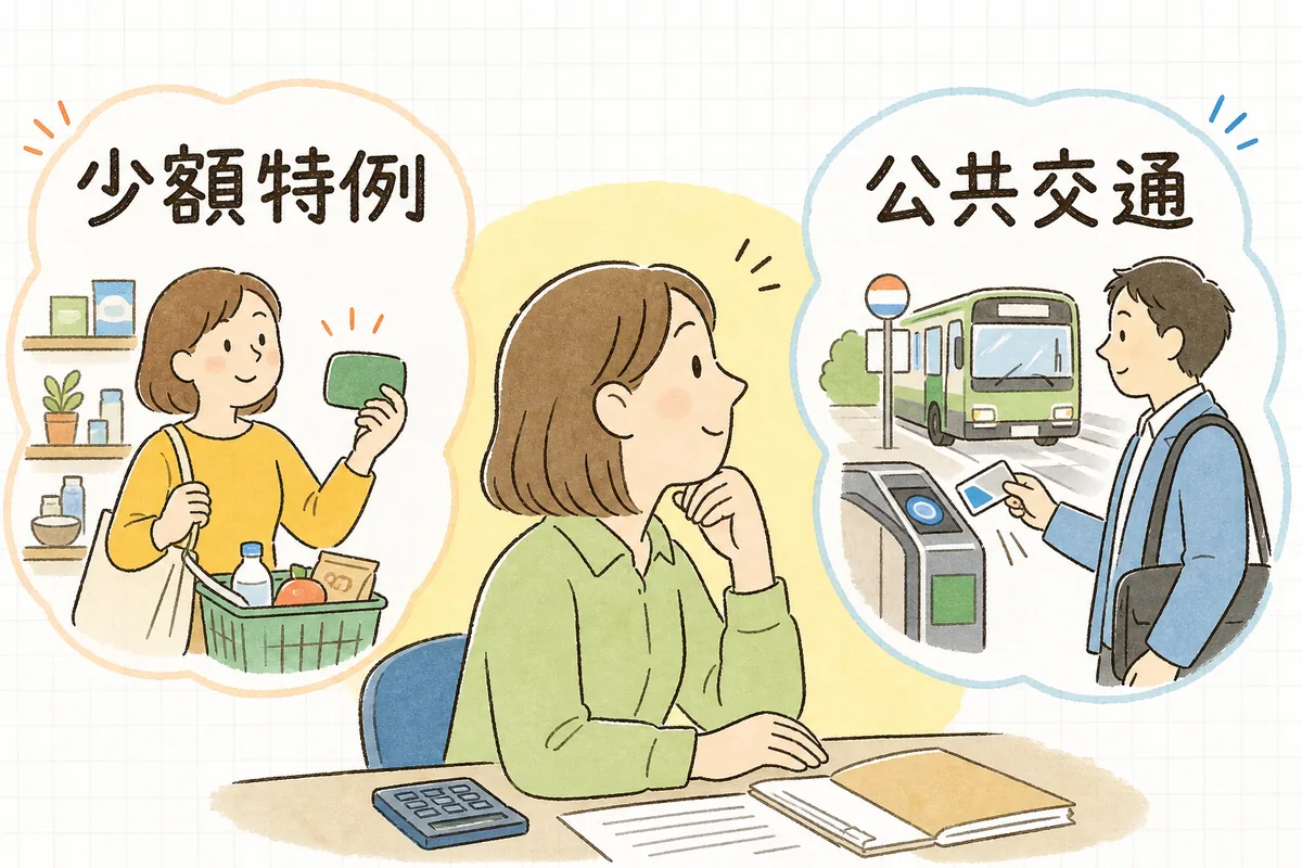 税込1万円未満の少額特例と、公共交通など3万円未満の例外を、レシートがなくても帳簿で対応できる場面として並べた図