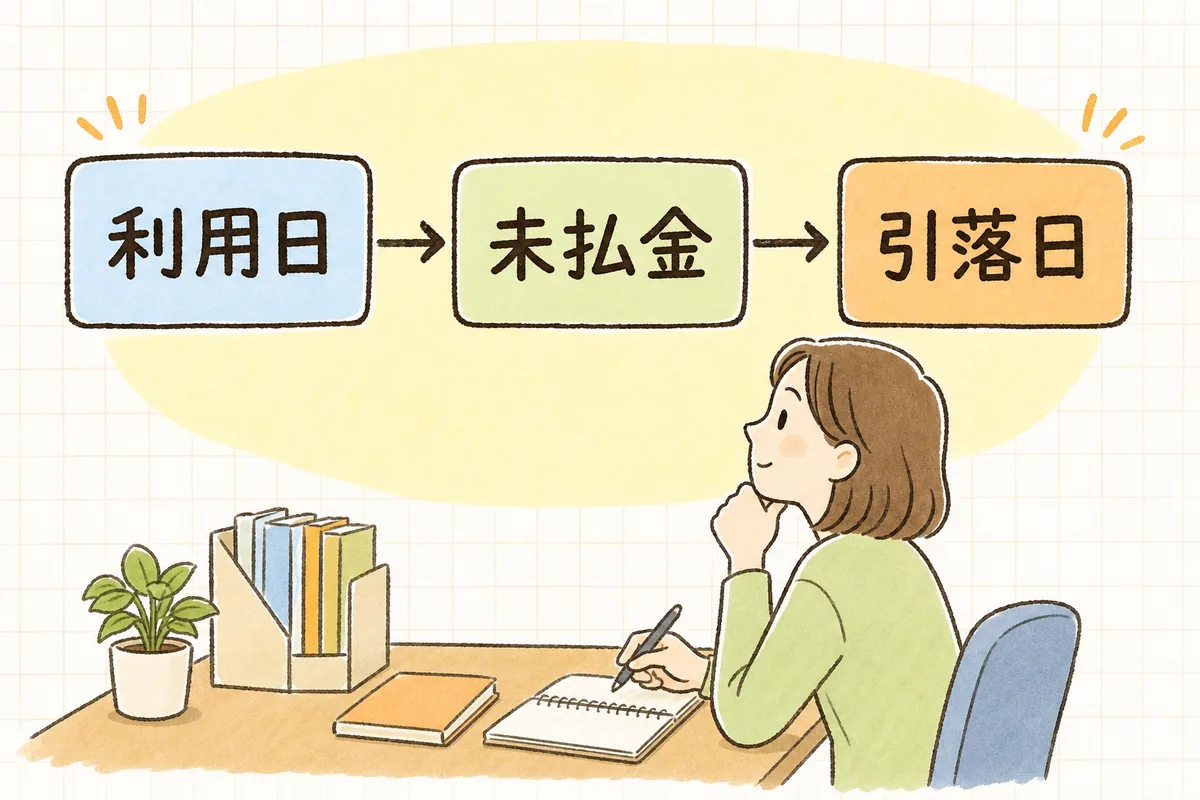 カード利用日に費用と未払金を計上し、引落日に未払金を預金で消すまでの流れを左から右へ示した図