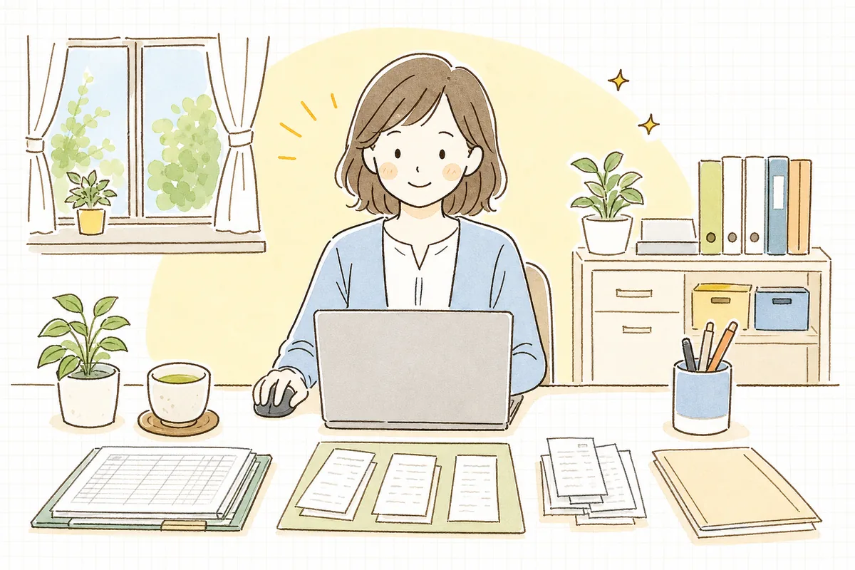 カード明細の記帳を終え、利用日と引落日の処理を迷わず進められて落ち着いた表情のひとり経理の担当者