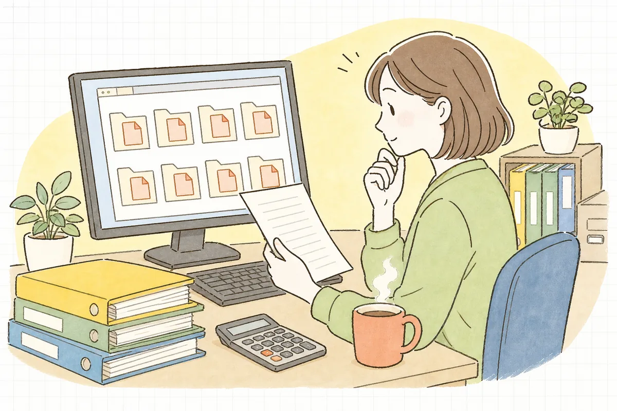 パソコンに保存した電子取引のPDFファイルを前に、ファイル名をどうそろえればいいか少し迷っているひとり経理の担当者