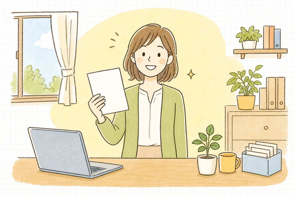 電子マネーの精算ルールを1枚の紙にまとめ終えて、片づいたデスクの前で穏やかに前を向いているひとり経理の担当者