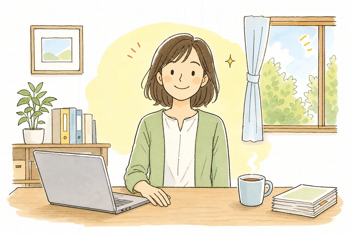 月次の集計を終えてノートパソコンから顔を上げ、肩の力が抜けた穏やかな表情のひとり経理の担当者