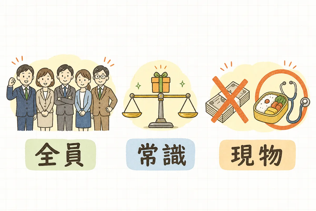福利厚生費になるかどうかを全員が対象か・金額は常識的か・現金ではないかの3つの条件で確かめる図