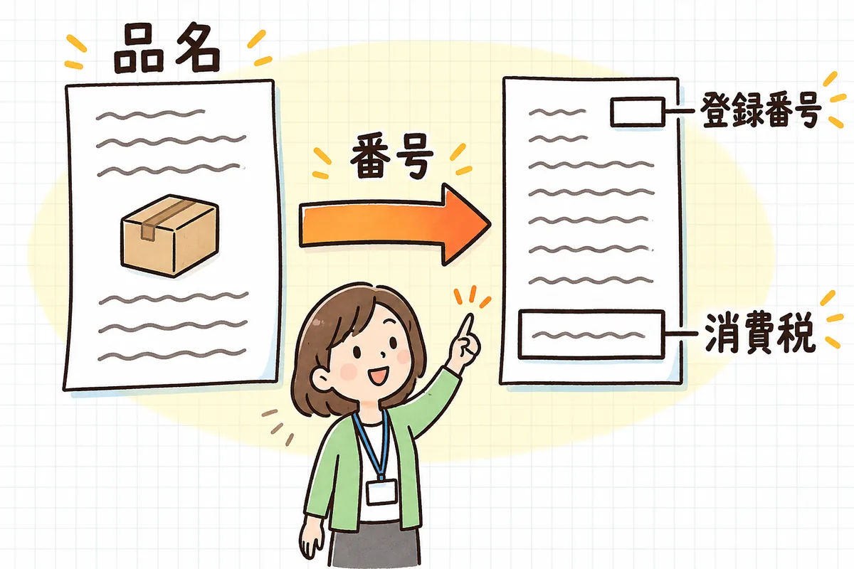 左に納品書、右に請求書を並べ、2枚を矢印でつないだ図。左の納品書には品物の箱の絵と「品名」のラベル、右の請求書には「登録番号」と「消費税」のラベルがあり、真ん中の矢印に「番号」のラベルがついている