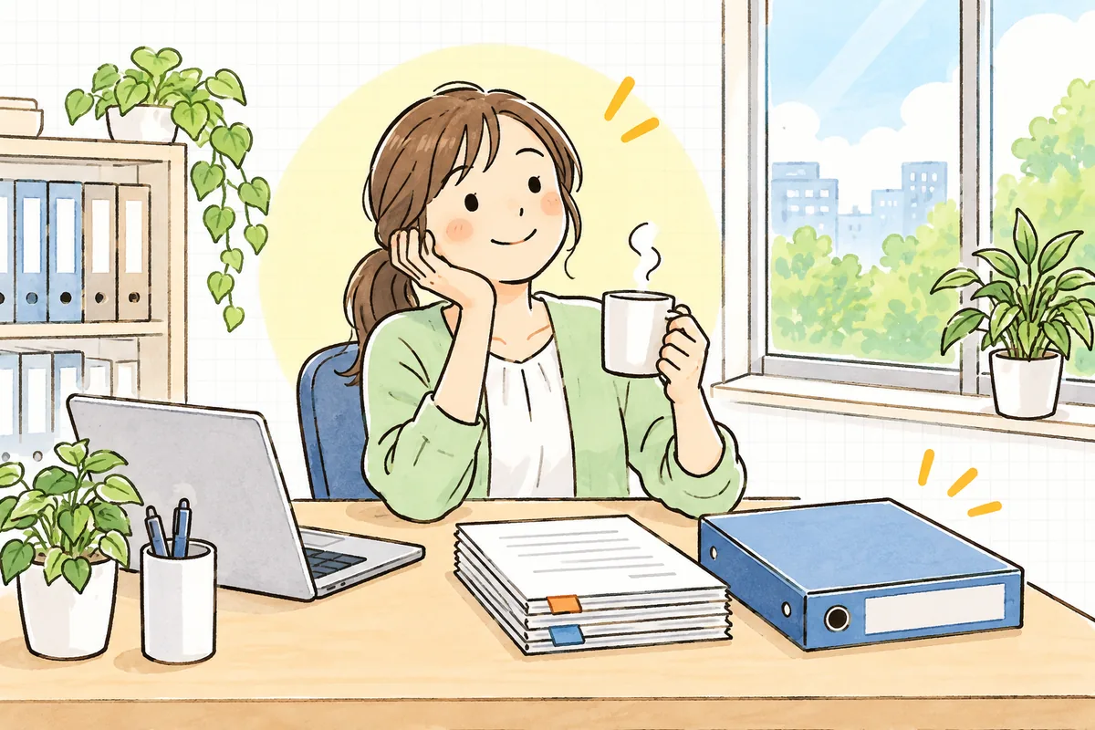 請求書と納品書をそろえてファイルに綴じ終え、すっきりした表情で一息ついているひとり経理の担当者