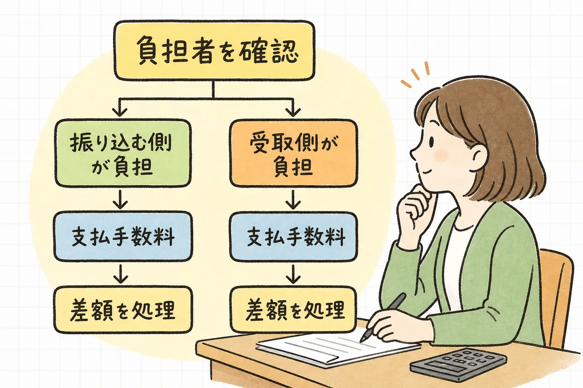 振込手数料を先方負担・当方負担のどちらで処理するかを、契約確認から仕訳まで順に判断していく流れの図