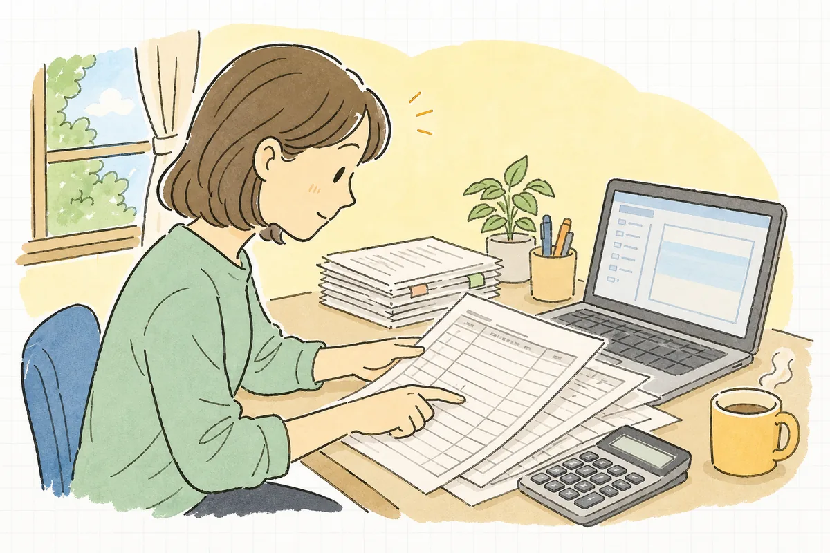 従業員から受け取った扶養控除等申告書を広げ、家族欄を一つずつ指でたどって確認している経理担当者