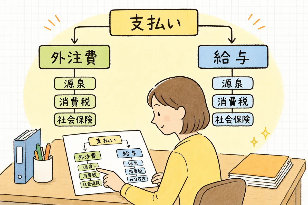 人への支払いを外注費と給与に分け、それぞれ源泉徴収・消費税・社会保険の扱いが変わることを示した図