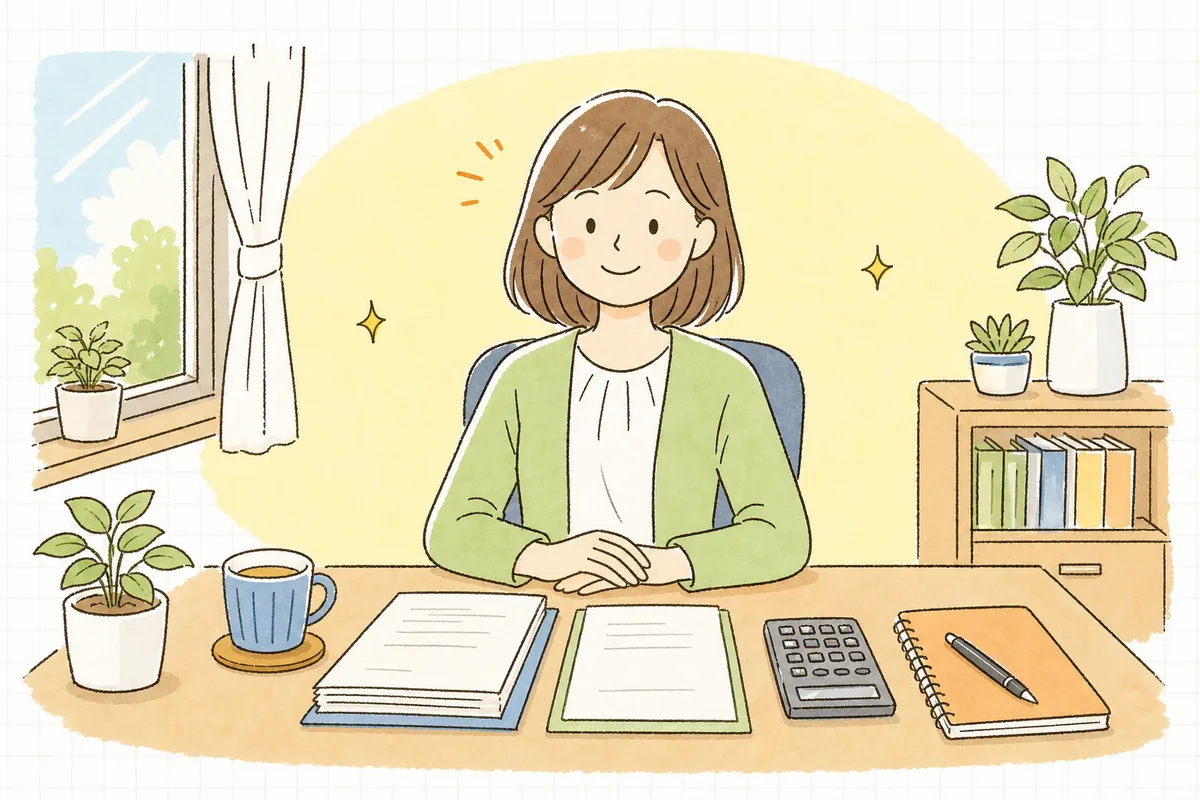 支払いの区分を判断のものさしにそって整理し終え、落ち着いた表情で資料をまとめているひとり経理の担当者