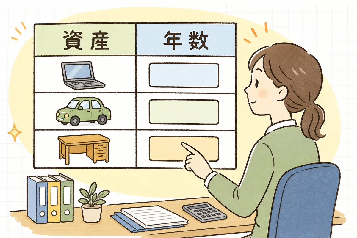 パソコン・車・机など資産の種類ごとに法定耐用年数が決まっていることを示した一覧のイメージ図