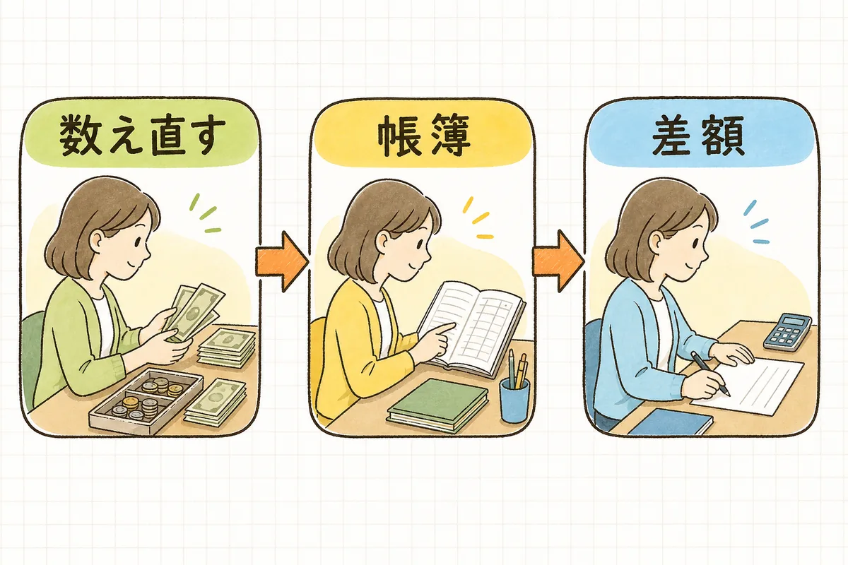 現金を数え直し帳簿残高を確定して差額を出すまでの確認手順を左から右へ示した図