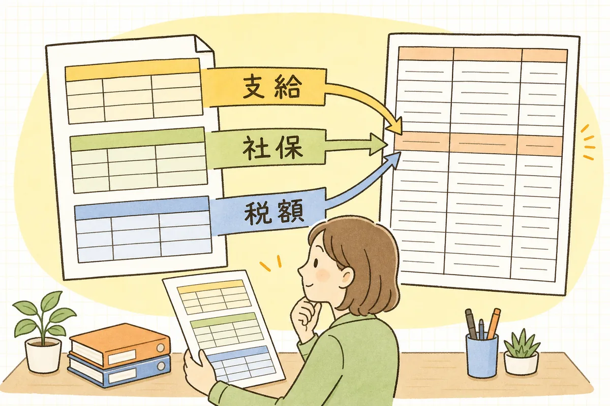 毎月の給与明細の数字を、1人1枚の源泉徴収簿の該当する月の行へ写していく流れを示した図