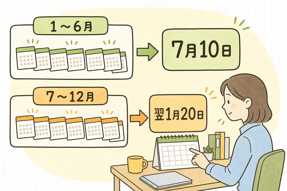 1〜6月に預かった源泉所得税を7月10日までに、7〜12月分を翌1月20日までにまとめて納める納期の特例の流れを示した図