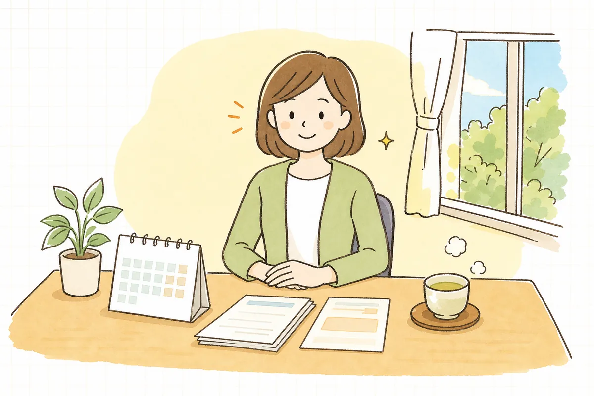 源泉所得税の納付を期限内に終え、納付書の控えとカレンダーを見て落ち着いた表情のひとり経理の担当者