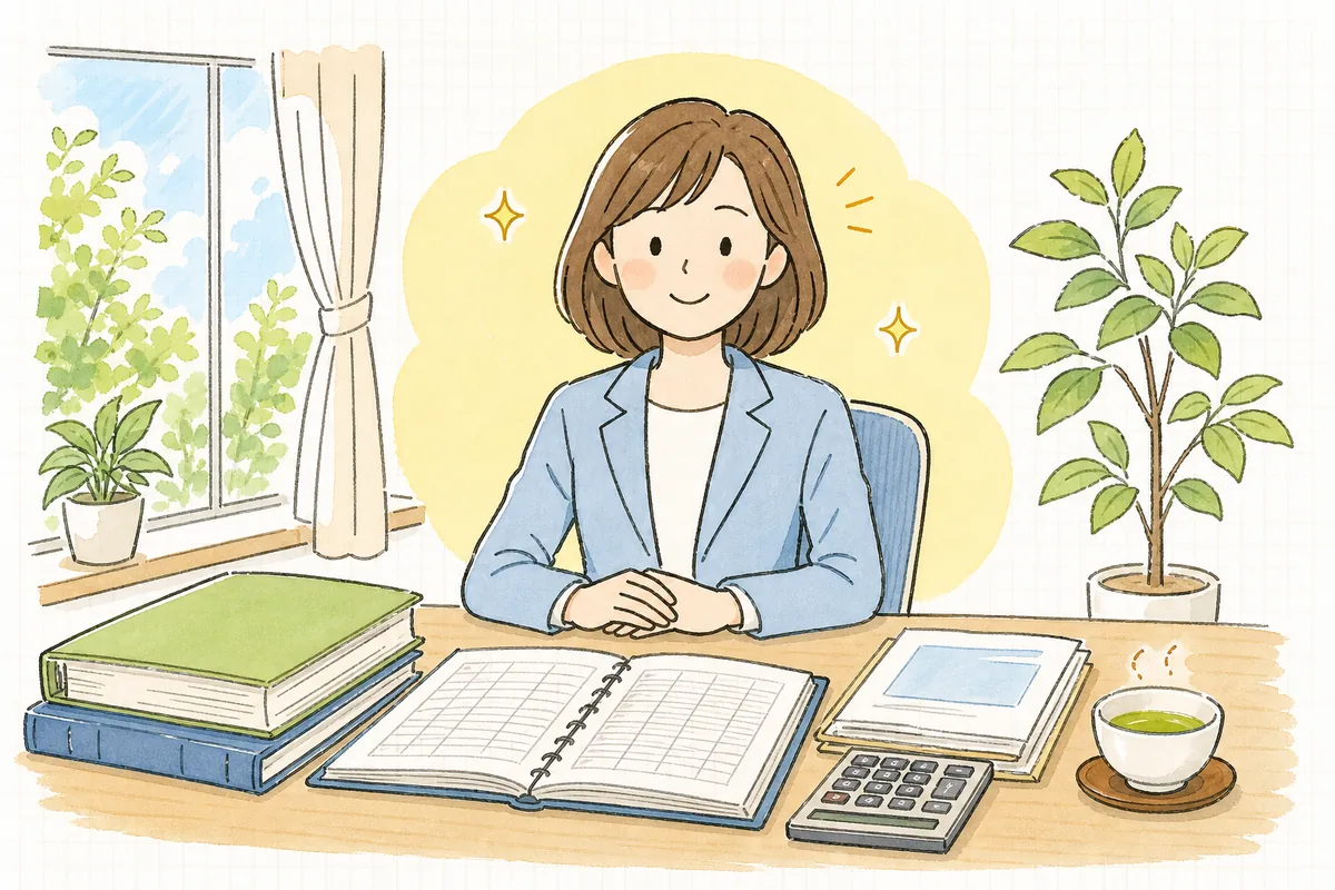 随時改定の判定を終え、給与台帳と資料を片づけて落ち着いた表情のひとり経理の担当者