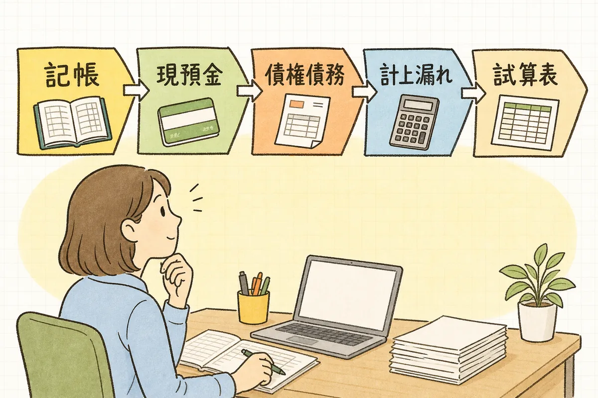 月次決算を5つのステップ（記帳・現預金・債権債務・計上漏れ・試算表）の順に並べた手順の図