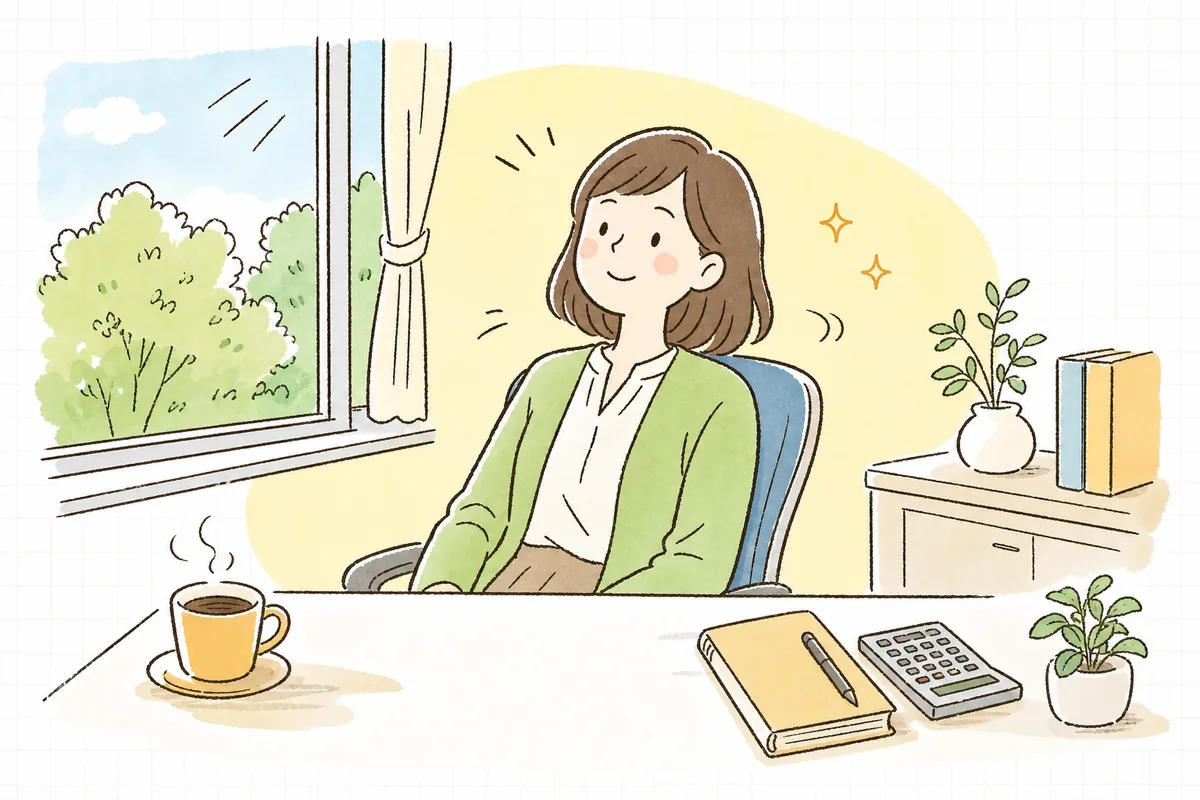 月次決算を締め終えて、窓の外の朝の光を見ながらほっと一息つくひとり経理の担当者