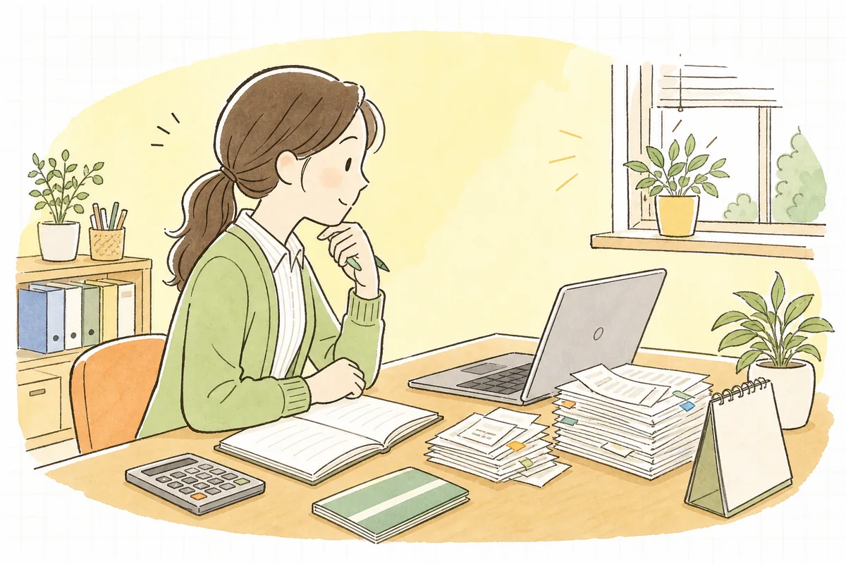 月初のデスクで前月分の領収書と通帳を前に、どこから記帳を始めようか段取りを考えているひとり経理の担当者