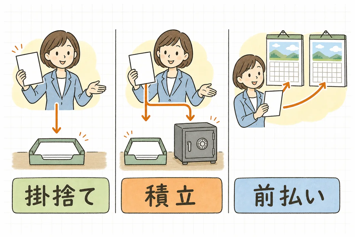 保険料の払い方を掛捨て・積立・前払いの3つに分けて、お金がどこへ向かうかを並べて示した図