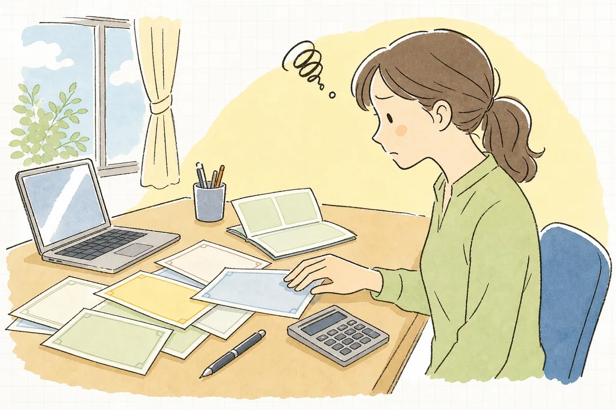 火災保険と自動車保険の証券を机に広げ、通帳の引き落とし額と見比べて、どの勘定科目に入れるか迷って手を止めているひとり経理の担当者