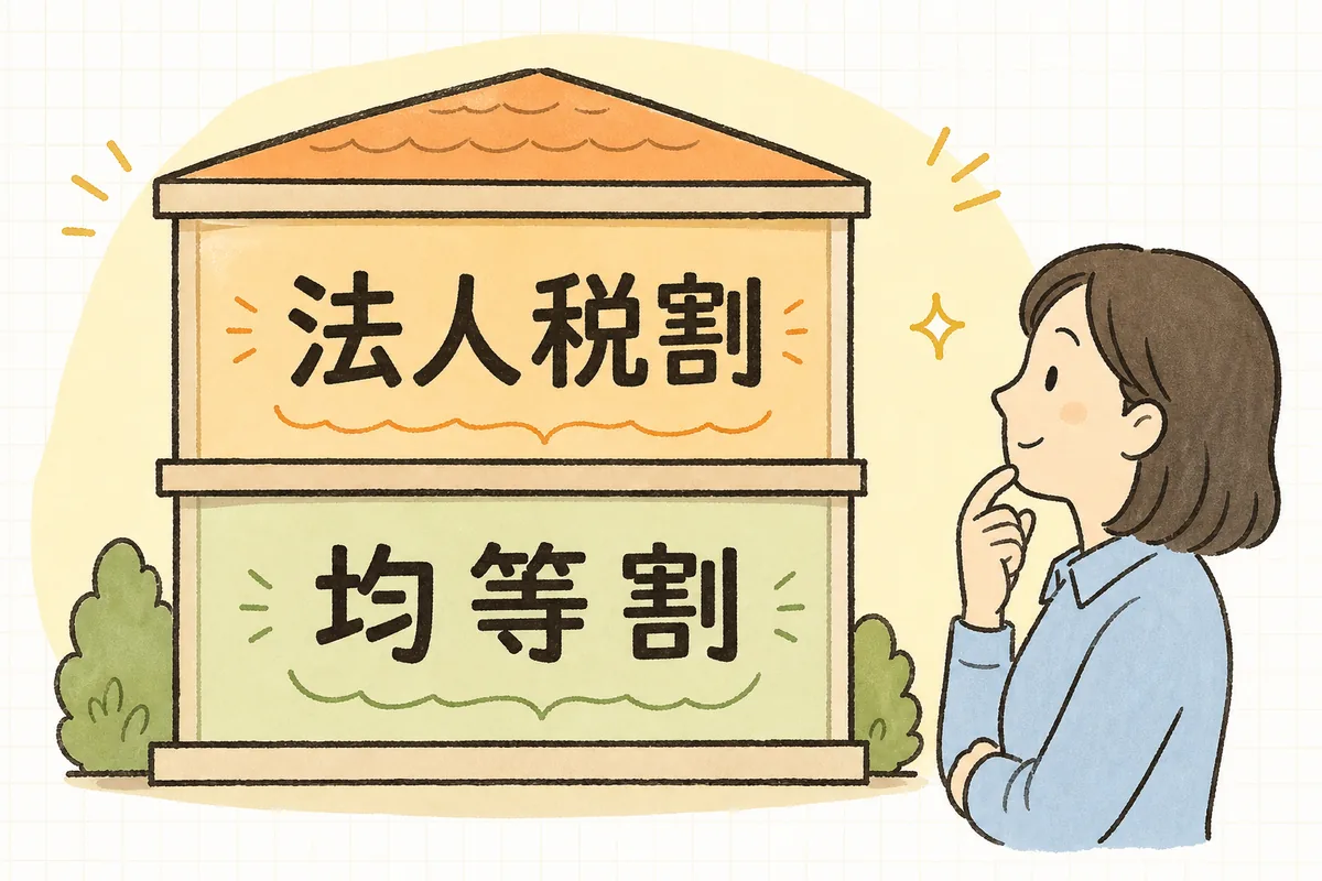 法人住民税が、赤字でもかかる定額の均等割と、所得に応じてかかる法人税割の2つで構成されることを示した図