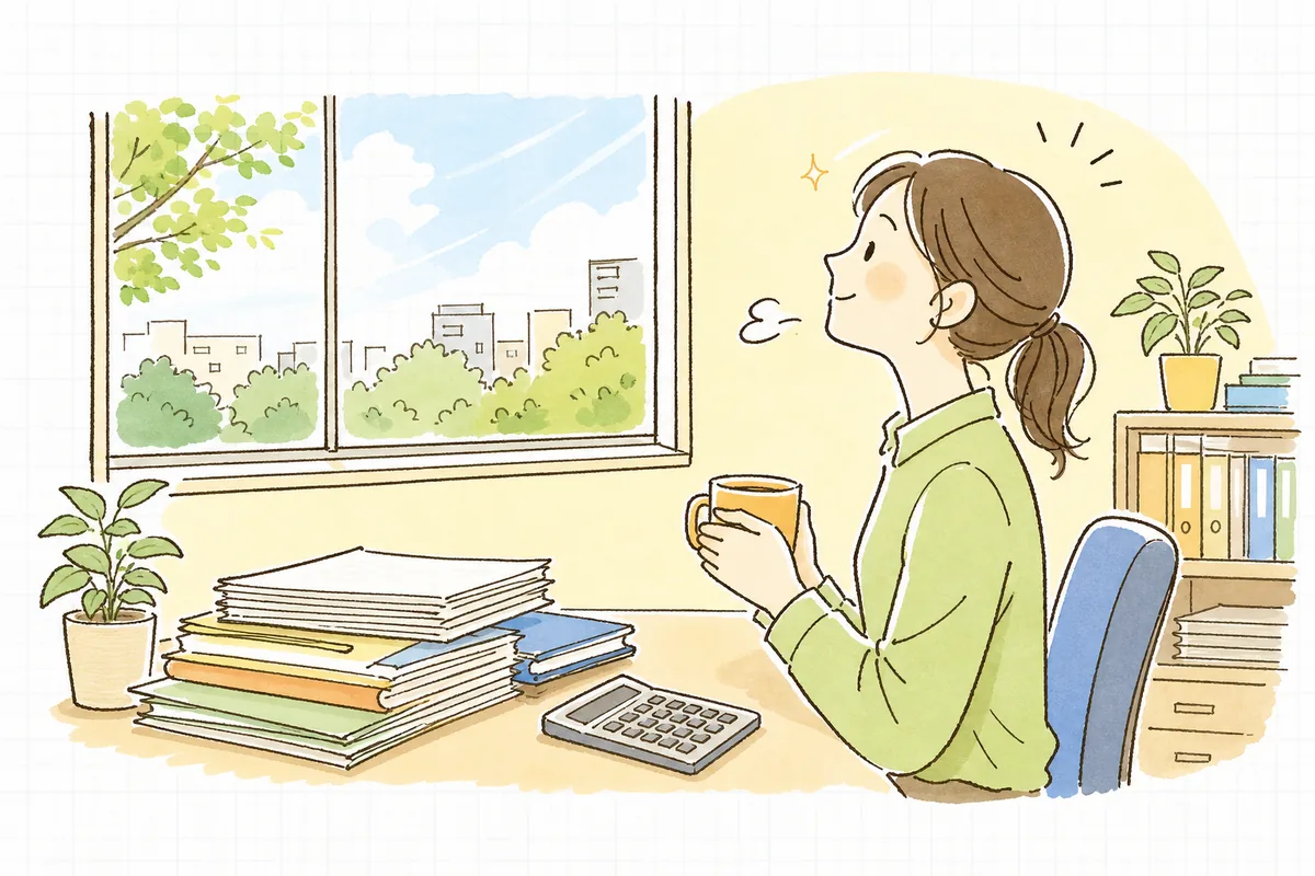 取引先一覧のチェックを一段落させ、窓の外の明るい景色を見ながらひと息ついているひとり経理の担当者