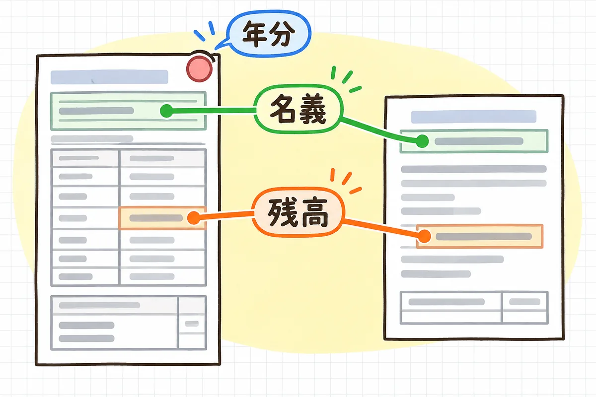 申告書と残高証明書を左右に並べ、名義と年末残高の金額を線で結んで照合している図