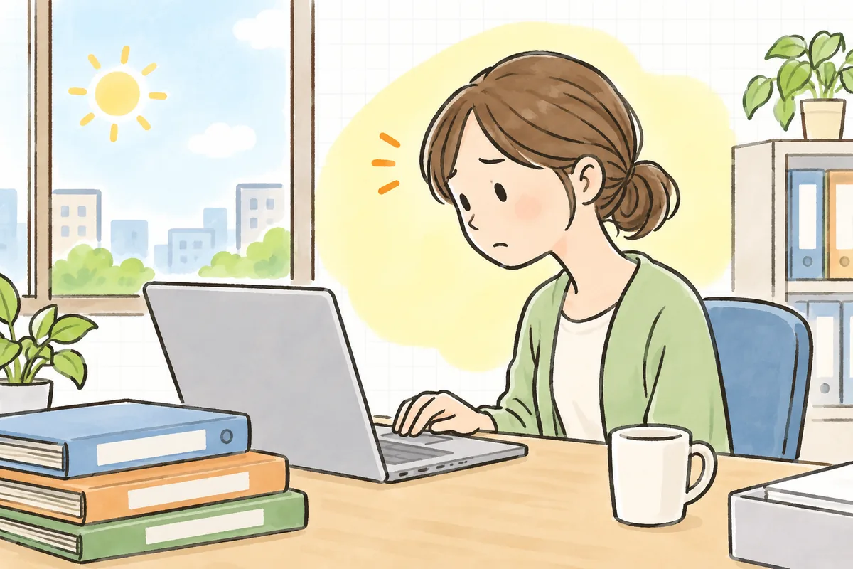 朝の事務所で、ノートパソコンの画面を見つめながら「データ、どこまで残っていたかな」と少し不安そうに考える経理担当者