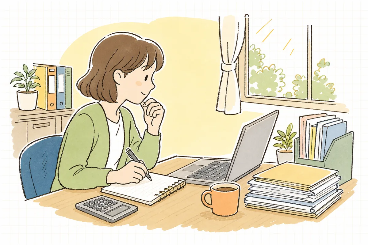 会計ソフトの乗り換えを検討し、ノートパソコンの画面と手元のメモを見比べながらどれが自社に合うか考えているひとり経理の担当者