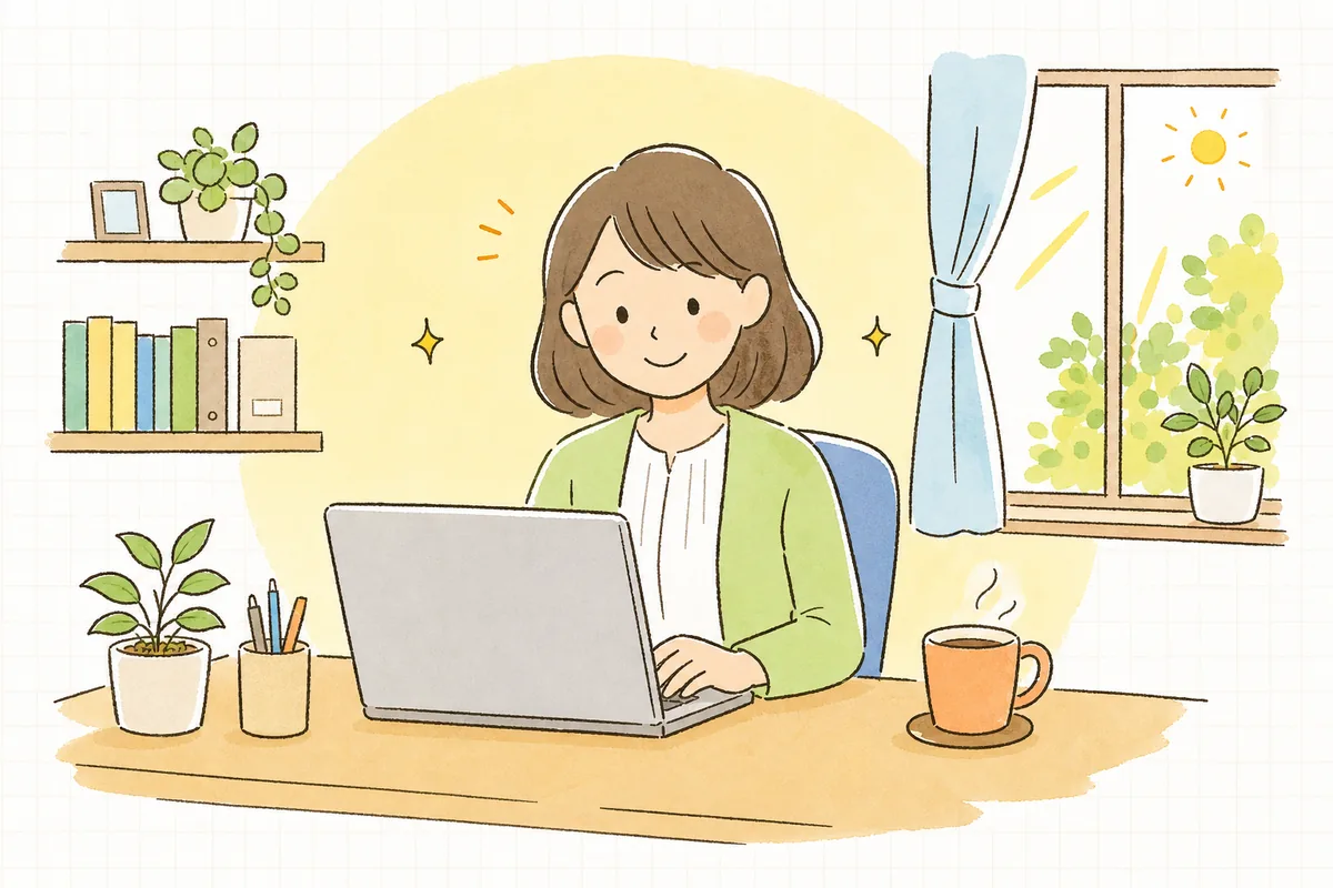 自社に合う会計ソフトを選び終え、すっきりした表情でパソコンに向かうひとり経理の担当者