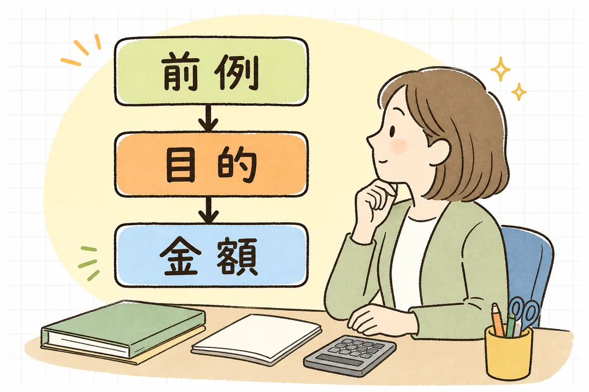 勘定科目を決める3つの問い(前はどうしたか・何のための支出か・金額は大きいか)の判断の流れを示した図