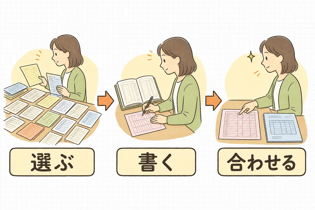 勘定科目内訳明細書を「様式を選ぶ・残高の大きい科目から書く・決算書と突き合わせる」の3ステップで進める流れを示した図
