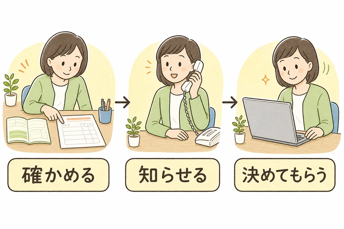 左から右へ3つの場面が並ぶ流れ図。左は通帳と請求書の控えを見比べる担当者と「確かめる」、中央は電話で取引先に連絡する担当者と「知らせる」、右は取引先から届いた返事を読んでうなずく担当者と「決めてもらう」のラベル