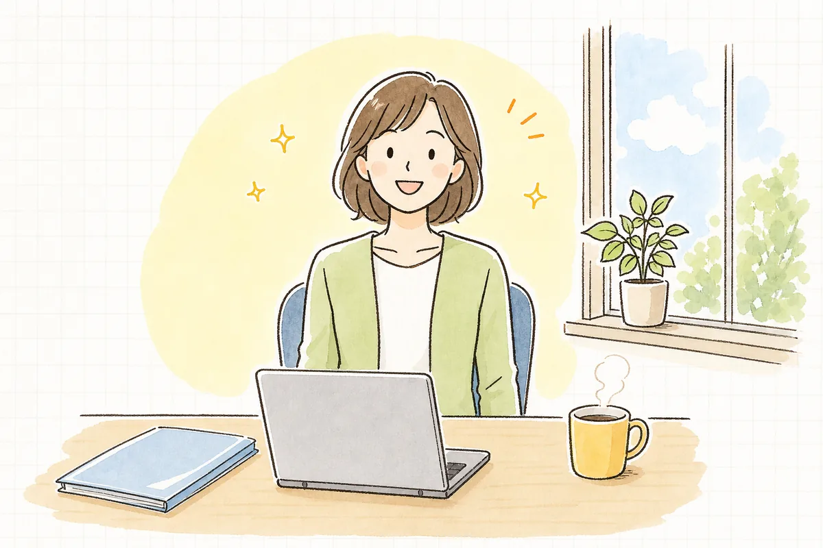 取引先への確認メールを送り終え、仮受金の残高が片づいたことを確かめて、ほっとした笑顔で背筋を伸ばしているひとり経理の担当者