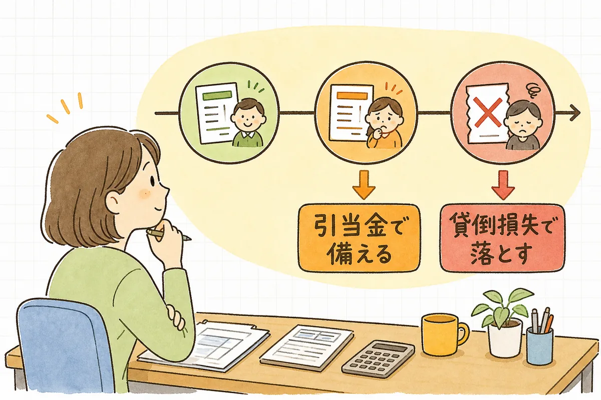 まだ回収不能ではない債権には貸倒引当金で備え、回収不能が確定した債権は貸倒損失で落とす、という時点の違いを示した図