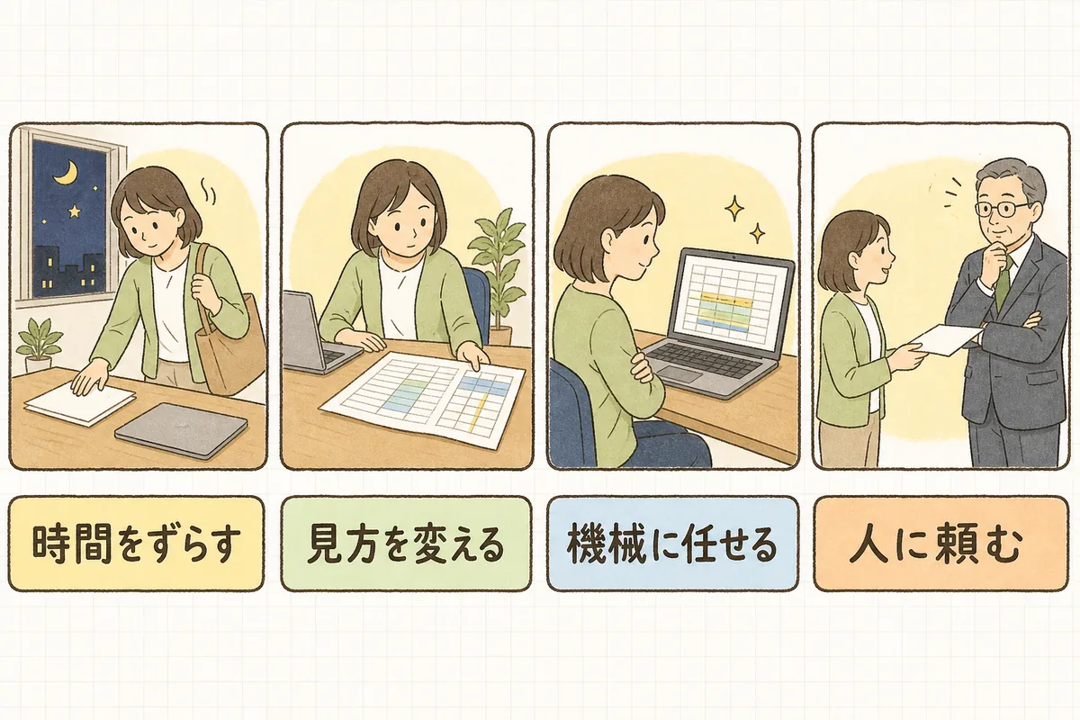 ひとりでダブルチェックを作る4つの型を、時間をずらす・見方を変える・機械に任せる・人に頼むの順に並べて示した図