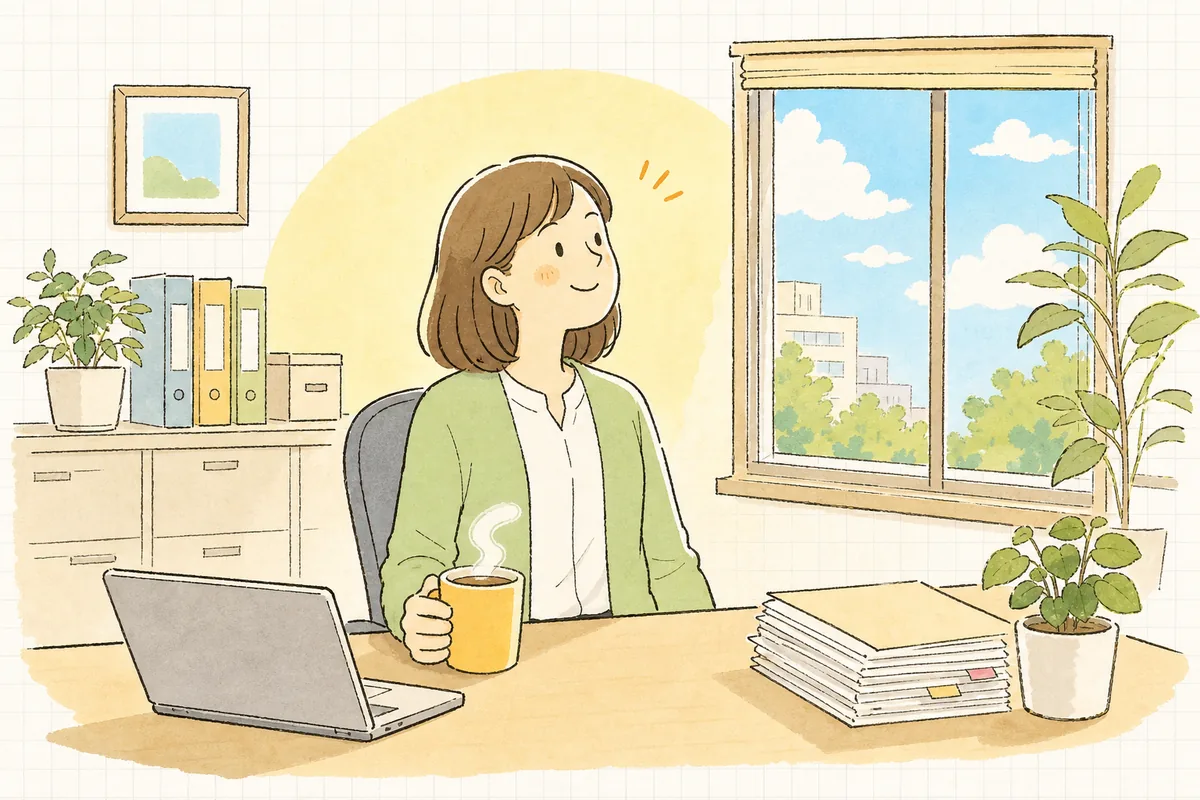 朝の明るい事務所で振込の確認を終え、肩の力が抜けた穏やかな表情で窓の外を見ているひとり経理の担当者