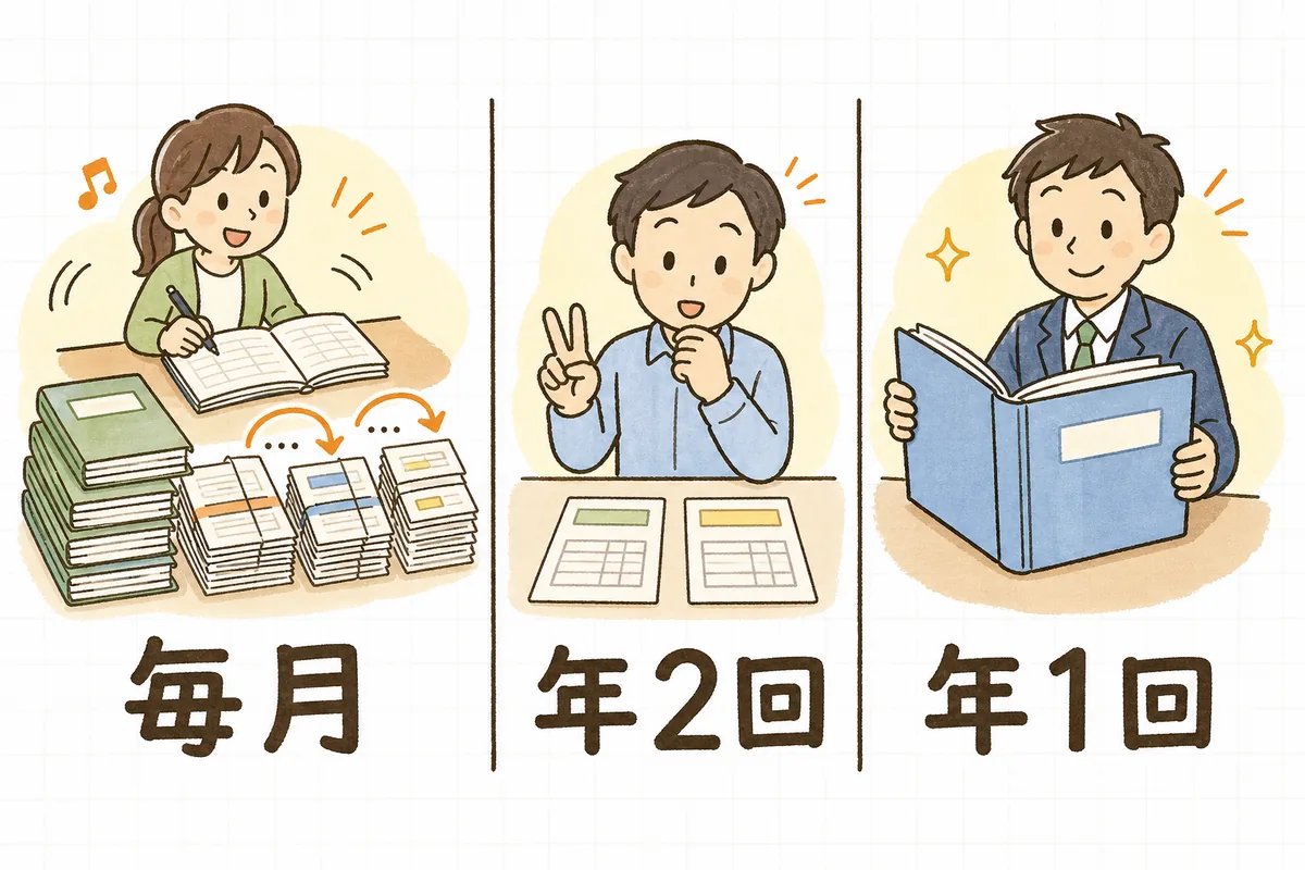 経理の仕事を「毎月」「年2回」「年1回」の3つに分けて並べた図