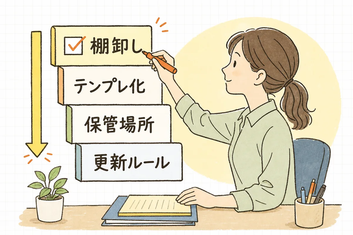 属人化をゆるめる4つのステップを、棚卸しからテンプレ化・保管場所・更新ルールまで順に並べた図