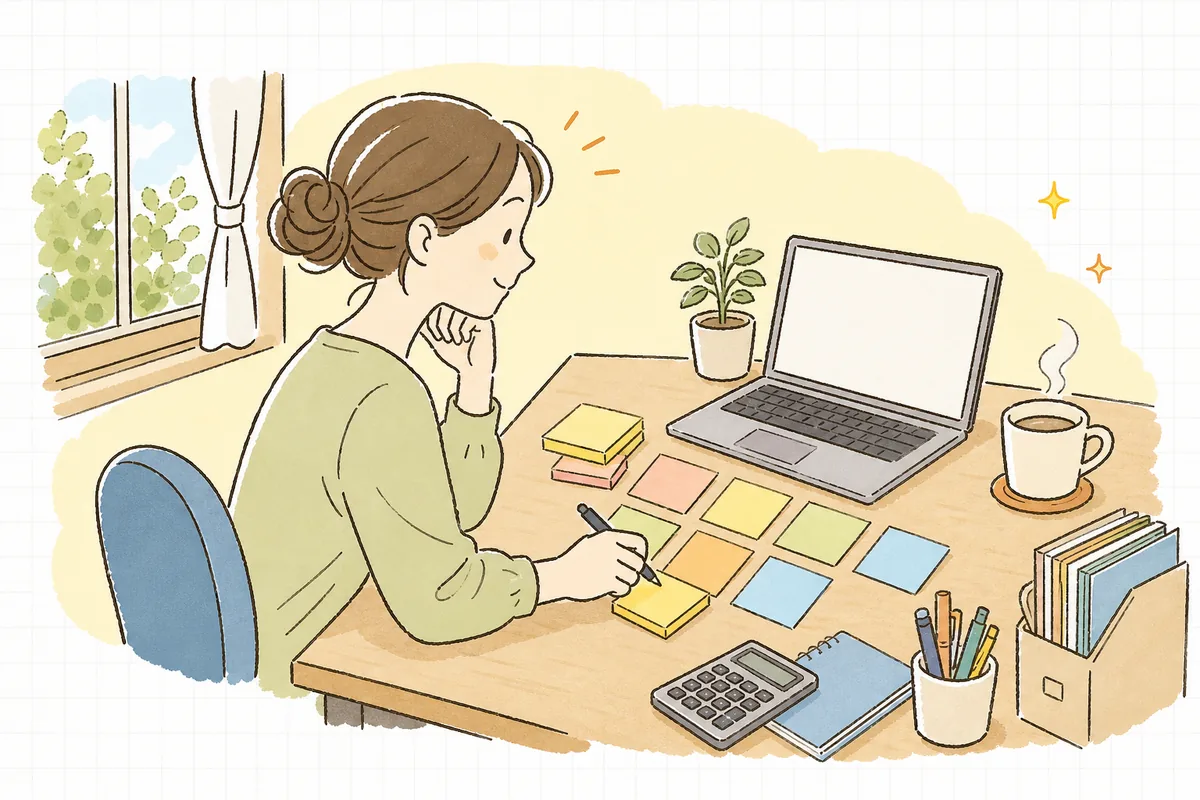 頭の中にある月次の経理作業を、付箋やノートに一つずつ書き出して見える化しようとしているひとり経理の担当者