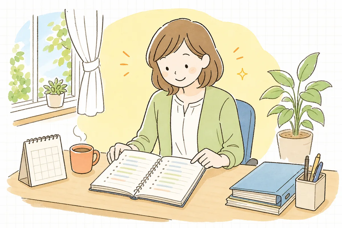 毎月の経理作業を一覧に書き出し終え、頭の中が整理されて肩の力が抜けたひとり経理の担当者
